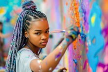 Young Artist Painting A Colorful Mural With A Focused Expression, Surrounded By Vibrant Art.