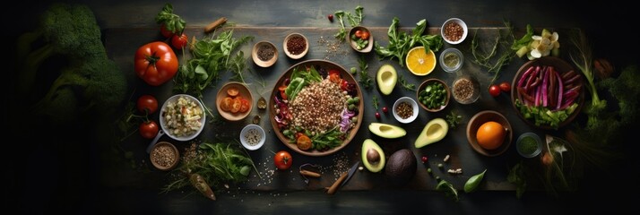 Wall Mural - Food background. Vegetables, fruits and nuts on table.