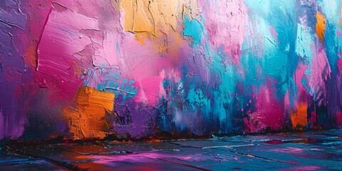 Colorful street art graffiti background. Pink, magenta, blue, yellow colors drips, flows, streaks of paint. Abstract colorful spilled out oil paints, Generative AI 