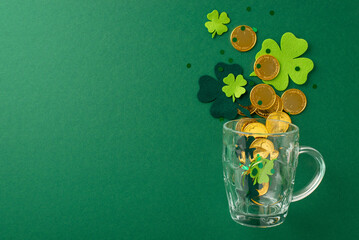 Wall Mural - Raise a toast on St. Paddy's! Top view image showcases a beer glass with gold coins, trefoils, confetti, and beads on a vibrant green background. Leave space for your text or advertisement