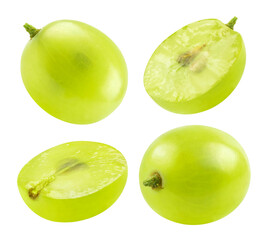 Wall Mural - collection green grapes and sliced grape halves at different angles isolated on a transparent backgr