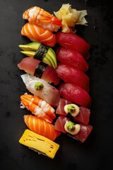 Canvas Print - Different pieces of sushi served on black stone tray.