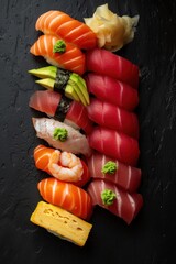 Canvas Print - Different pieces of sushi served on black stone tray.