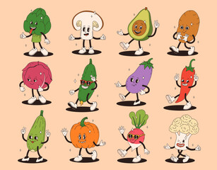 Wall Mural - Funny vegetables retro cartoon characters sticker set. Modern label with cute comics characters. Hand drawn doodles of comic mascot. Set in modern cartoon style. 70s retro vibes.