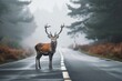 Deer standing on the road near the forest on a misty, foggy morning. Road hazards, wildlife and transport, Generative AI 