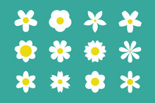 White Daisy Chamomile Silhouette Icon Set. Camomile Big Set.Cute Round Flower Plant Collection. Love Card Symbol. Simple Different Shape. Growing Concept. Flat Design. Isolated. Green Background.