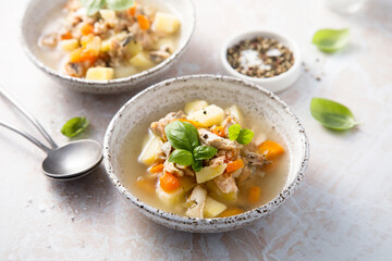 Wall Mural - Homemade fish soup with vegetables