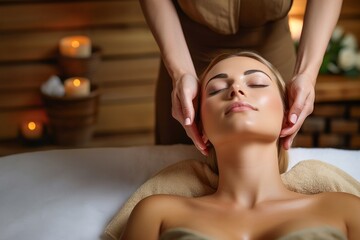 young woman receiving facial massage at spa