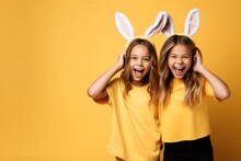 Little Girls In Bunny Ears Studio Isolated On Yellow Wall Easter Celebration
