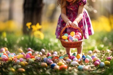 Adorable little girl holding basket of colorful Easter eggs in sunny garden