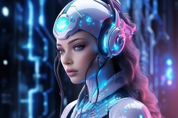 Wall Mural - Artificial intelligence conceptual illustration. Female humanoid robot listening to music.