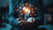 © PNG - Businessman holding glowing lightbulb with learning icons for study knowledge to creative thinking idea and problem solving solution concept
