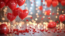Valentines Day Romantic Background Interior Decorated With Festive Red Balloons, Valentine Hearts, Red Rose Flowers Petals And Lights. Valentine's Day Card Concept Generated By AI Tool