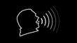 © Zen Z - Glowing white neon Human Talk logo sound wave voice technology outline icon design. Speaking icon on a brick wall background. Man lips with a sound wave on a black background in neon light.
