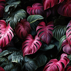 Wall Mural - seamless pattern with pink green monstera leaves on black jungle forest background. tropical texture