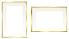 Golden Photo Frame With White Mount, Transparent Glass Isolated PNG. Modern Picture Frame. Vertical And Horizontal Position. Vintage Design Element
