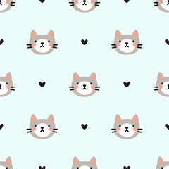 Wall Mural - Seamless pattern with cute cat heads and black hearts