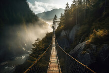 Suspension Bridge In The Middle Of A Forest With Mountains, Fog Floating In The Sky