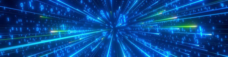 Wall Mural - information flow. zeros and ones radiating from the center. abstract background in blue and green ne