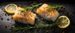 Fried fish fillet Atlantic cod with rosemary in pan. Creative Banner. Copyspace image