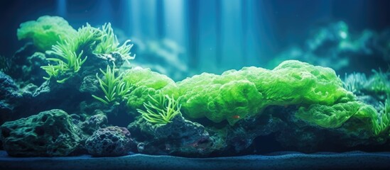 Wall Mural - Green cyanobacteria attached on the rock in reef aquarium tank. Creative Banner. Copyspace image