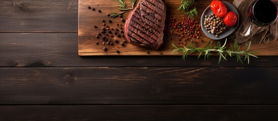 Canvas Print - Grilled beef steak on wooden board and red wine Top view flat lay. Creative Banner. Copyspace image