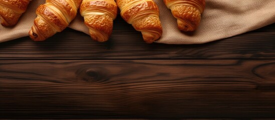 Poster - Fresh tasty croissants Breakfast meal Top view flat lay. Creative Banner. Copyspace image