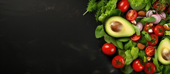 Poster - Healthy food fresh green salad Green salad with Feta cheese cucumbers lettuce cherry tomatoes avocado arugula and cashew nuts. Creative Banner. Copyspace image