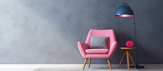 Sticker - Grey pillow and pink blanket on dark blue armchair next to table with lamp in white room with geometric carpet. Creative Banner. Copyspace image