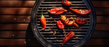Hot Grilled Chili Pepper On Grill Top View Flat Lay With Copy Space. Creative Banner. Copyspace Image