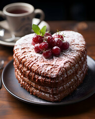 Chocolate cake with berries and cup of tea on a wooden table