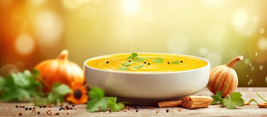 Sticker - Homemade carrot ginger curcuma spicy soup Seasonal Pumpkin traditional soup with creamy silky texture in cozy sweater background Healthy vegan clean eating Prevention of antiviral infections