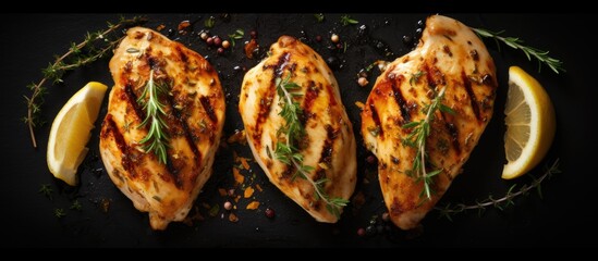 Wall Mural - Grilled chicken breasts with thyme garlic and lemon slices on a grill pan close up top view. Creative Banner. Copyspace image