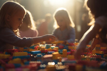 Group Of Children Playing With Toys On Table, Morning Light.