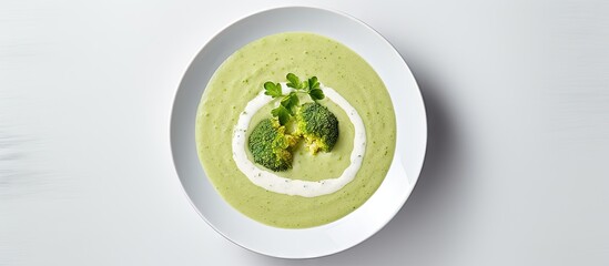 Aufkleber - Green soup Broccoli cream soup with cream and parmesan Healthy vegan dish Top view at white table. Creative Banner. Copyspace image