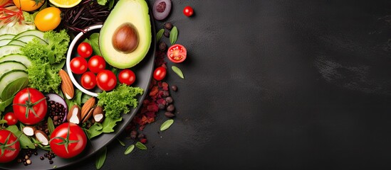 Aufkleber - Healthy vegetable salad of fresh tomato cucumber onion spinach lettuce and sesame on plate Diet menu Top view. Creative Banner. Copyspace image