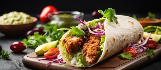 Wall Mural - Fried chicken arugula cucumber radish red onion and wheat tortilla sauce for lunch delicious Mexican burritos or tacos Copy space. Creative Banner. Copyspace image