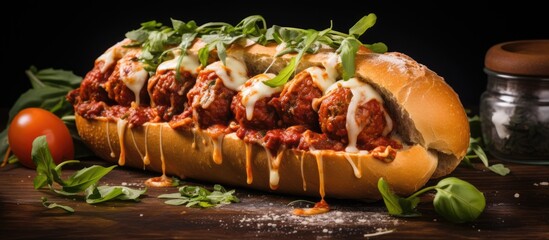 Poster - Homemade Spicy Meatball Sub Sandwich with Marinara Sauce and Cheese. Creative Banner. Copyspace image