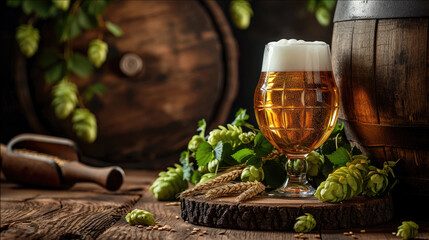 Wall Mural - still life with glass of  beer and leaves