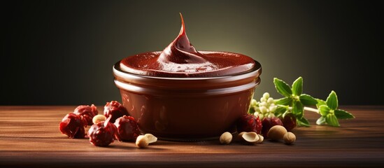 Poster - Homemade Chocolate Hazelnut Spread in a Bowl side view. Creative Banner. Copyspace image