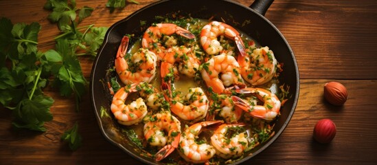 Aufkleber - Homemade Lemon Shrimp Scampi with Garlic and Parsley. Creative Banner. Copyspace image
