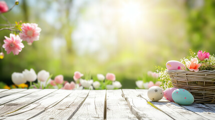 empty white wooden table with easter theme in garden