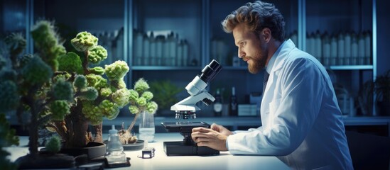 Wall Mural - good day cheerful professional biologist wearing a uniform and looking into the microscope. creative