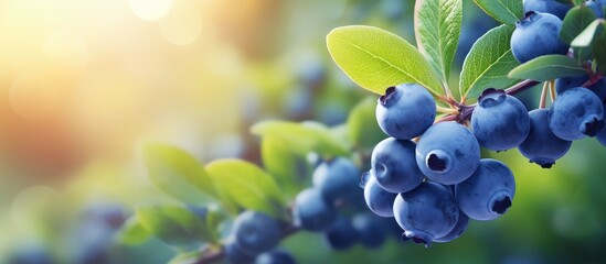 Sticker - Fresh organic blueberries on a bush Blueberry garden tasty useful berry Vaccinium corymbosum tall blueberry Ripe blueberries on a bush Blueberry harvest in the garden. Creative Banner