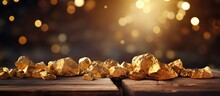 Gold Nuggets Scattered On A Old Wooden Mining Table Intentionally Shot With Extremely Shallow Depth Of Field Soft Focus. Creative Banner. Copyspace Image