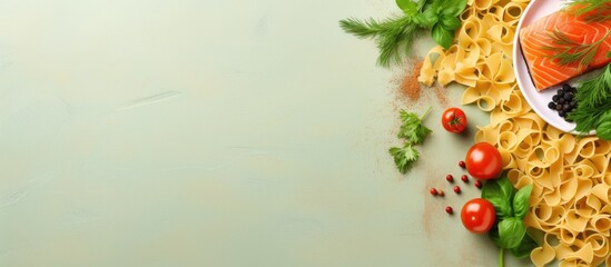 Aufkleber - Homemade Pasta fusilli with salmon green peas parmesan cheese and lemon healthy food. Creative Banner. Copyspace image