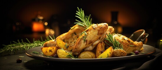 Canvas Print - Grilled chicken Rosemary lemon quartered chicken with roasted potatoes. Creative Banner. Copyspace image