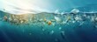 Garbage plastic bottle floats in blue sea water with underwater Pollution of the environment and oceans. Creative Banner. Copyspace image