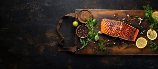 Poster - Grilled salmon fillets sesame seeds herb decoration and black slate board on old oak table. Creative Banner. Copyspace image