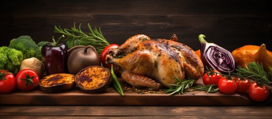 Wall Mural - healthy food grilled chicken with vegetables on a wooden board. Creative Banner. Copyspace image